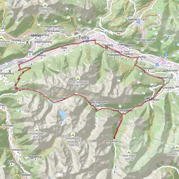 Zemljevid v pomanjšavi "Odprava v osrčje Tirolskih Alp" kolesarske inspiracije v Tirol, Austria. Generirano z načrtovalcem kolesarskih poti Tarmacs.app