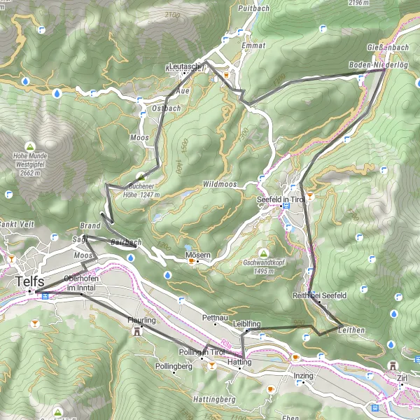Karttaminiaatyyri "Tieltä Telfsiin ja Pollingiin Tirolissa" pyöräilyinspiraatiosta alueella Tirol, Austria. Luotu Tarmacs.app pyöräilyreittisuunnittelijalla