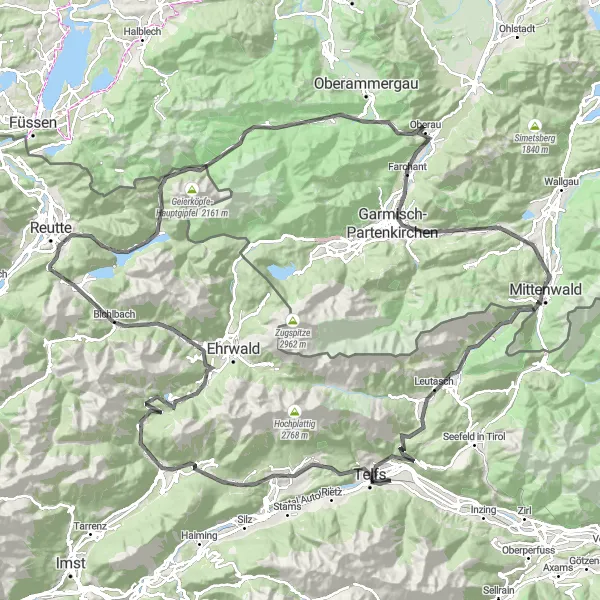 Miniatua del mapa de inspiración ciclista "Desafío de la Ruta de Telfs a Pfaffenhofen" en Tirol, Austria. Generado por Tarmacs.app planificador de rutas ciclistas