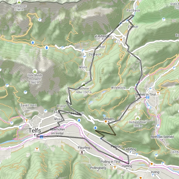 Mapa miniatúra "Telfs és Seefeld környéki kerékpártúra" cyklistická inšpirácia v Tirol, Austria. Vygenerované cyklistickým plánovačom trás Tarmacs.app