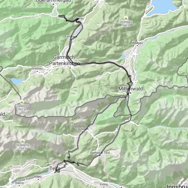 Miniatua del mapa de inspiración ciclista "Ruta de Oberhofen im Inntal a Garmisch-Partenkirchen" en Tirol, Austria. Generado por Tarmacs.app planificador de rutas ciclistas