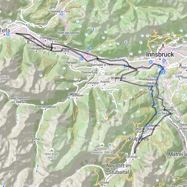Mapa miniatúra "Trasa cez Innsbruck do Fulpmes a Zirler Berg" cyklistická inšpirácia v Tirol, Austria. Vygenerované cyklistickým plánovačom trás Tarmacs.app