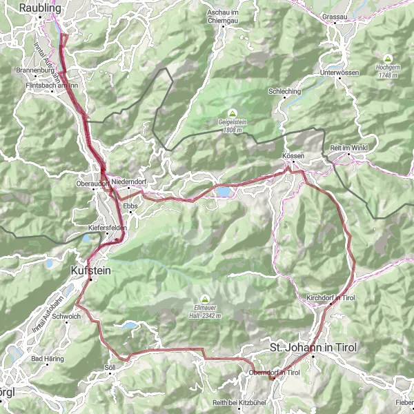 Miniaturekort af cykelinspirationen "Ellmau til St. Johann in Tirol Cykelrute" i Tirol, Austria. Genereret af Tarmacs.app cykelruteplanlægger