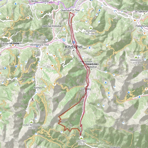 Mapa miniatúra "Gravelová trasa okolo Oberndorfu v Tirolsku" cyklistická inšpirácia v Tirol, Austria. Vygenerované cyklistickým plánovačom trás Tarmacs.app