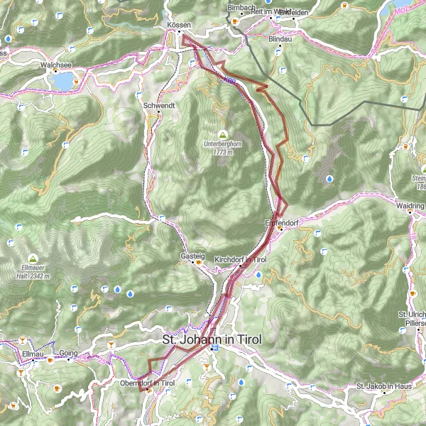 Miniaturní mapa "Gravelová trasa kolem Oberndorfu" inspirace pro cyklisty v oblasti Tirol, Austria. Vytvořeno pomocí plánovače tras Tarmacs.app