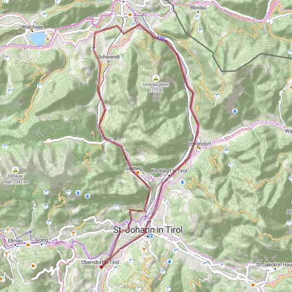 Miniature de la carte de l'inspiration cycliste "Parcours pittoresque dans les Alpes tyroliennes" dans la Tirol, Austria. Générée par le planificateur d'itinéraire cycliste Tarmacs.app