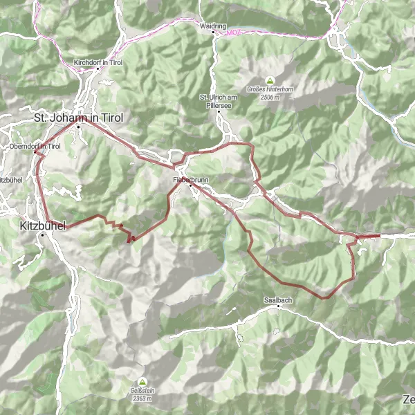 Miniatura della mappa di ispirazione al ciclismo "Giro in Gravel da Oberndorf in Tirol" nella regione di Tirol, Austria. Generata da Tarmacs.app, pianificatore di rotte ciclistiche
