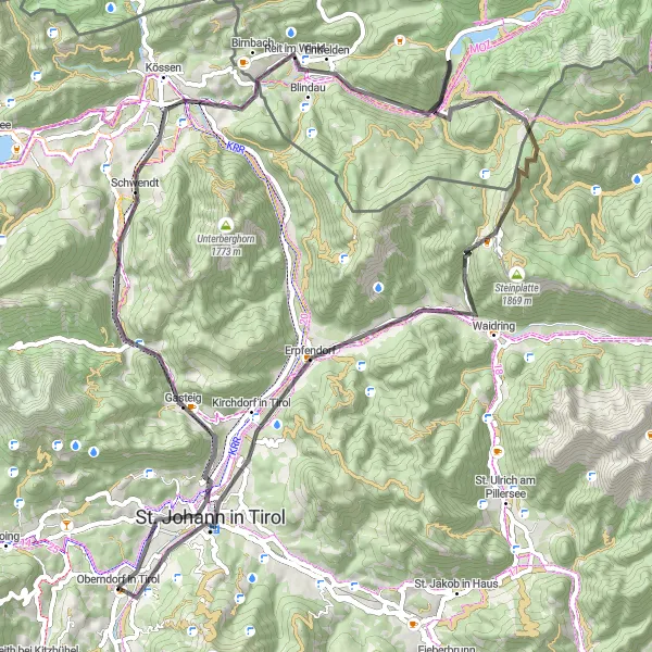 Karttaminiaatyyri "Kyläidylli ja kauniit maisemat" pyöräilyinspiraatiosta alueella Tirol, Austria. Luotu Tarmacs.app pyöräilyreittisuunnittelijalla