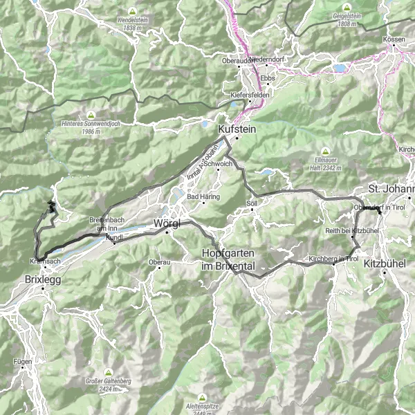 Miniatua del mapa de inspiración ciclista "Ruta de Carretera a través de Tirol" en Tirol, Austria. Generado por Tarmacs.app planificador de rutas ciclistas