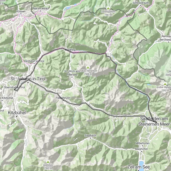 Kartminiatyr av "Kirchdorf in Tirol till Saalfelden am Steinernen Meer" cykelinspiration i Tirol, Austria. Genererad av Tarmacs.app cykelruttplanerare