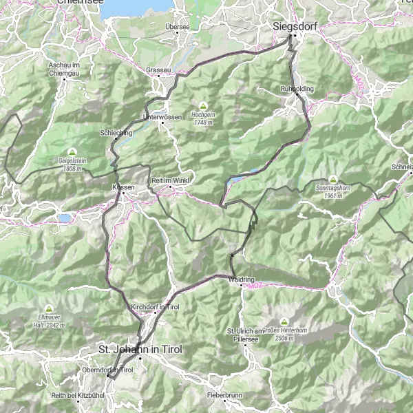 Miniatura della mappa di ispirazione al ciclismo "Corsa in bicicletta intorno a Oberndorf in Tirol di 117 km" nella regione di Tirol, Austria. Generata da Tarmacs.app, pianificatore di rotte ciclistiche