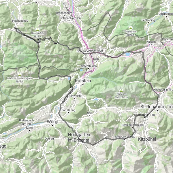 Miniatuurkaart van de fietsinspiratie "Oberndorf in Tirol - St. Johann in Tirol" in Tirol, Austria. Gemaakt door de Tarmacs.app fietsrouteplanner