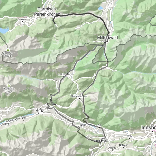 Mapa miniatúra "Trasa cez Inzing a Mittenwald" cyklistická inšpirácia v Tirol, Austria. Vygenerované cyklistickým plánovačom trás Tarmacs.app