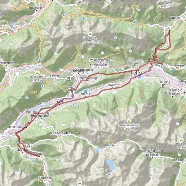 Miniatuurkaart van de fietsinspiratie "Korte Graveltocht van Hexenplatte naar Sautens" in Tirol, Austria. Gemaakt door de Tarmacs.app fietsrouteplanner