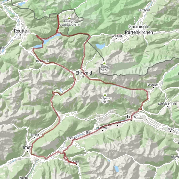 Kartminiatyr av "Oetz til Hexenplatte" sykkelinspirasjon i Tirol, Austria. Generert av Tarmacs.app sykkelrutoplanlegger