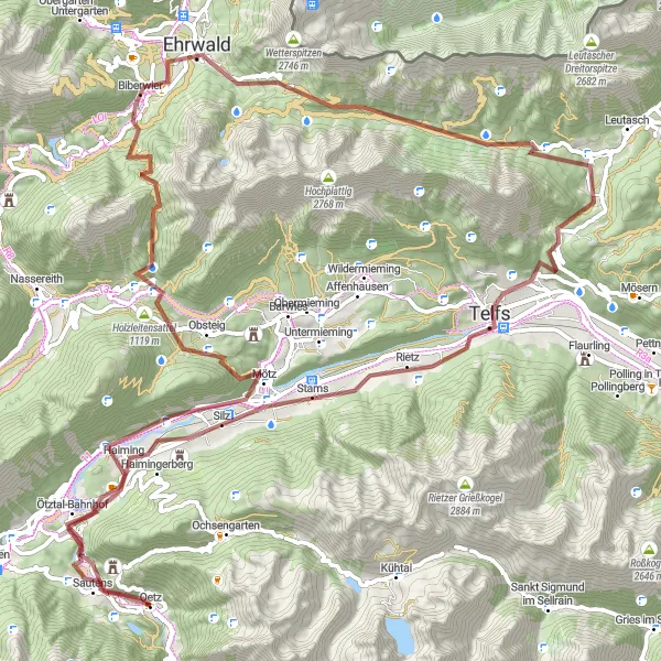 Miniatura della mappa di ispirazione al ciclismo "Giro in bici sterrato Oetz - Sautens - Obsteig - Holzleitensattel - Marienbergjoch - Ehrwald - Buchener Höhe - Rietz - Wengenberg - Ötztal-Bahnhof - Hexenplatte" nella regione di Tirol, Austria. Generata da Tarmacs.app, pianificatore di rotte ciclistiche