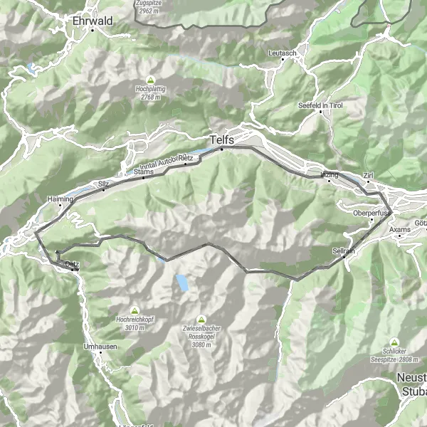 Mapa miniatúra "Cyklotrasa cez horské vrcholy v blízkosti Oetzu" cyklistická inšpirácia v Tirol, Austria. Vygenerované cyklistickým plánovačom trás Tarmacs.app