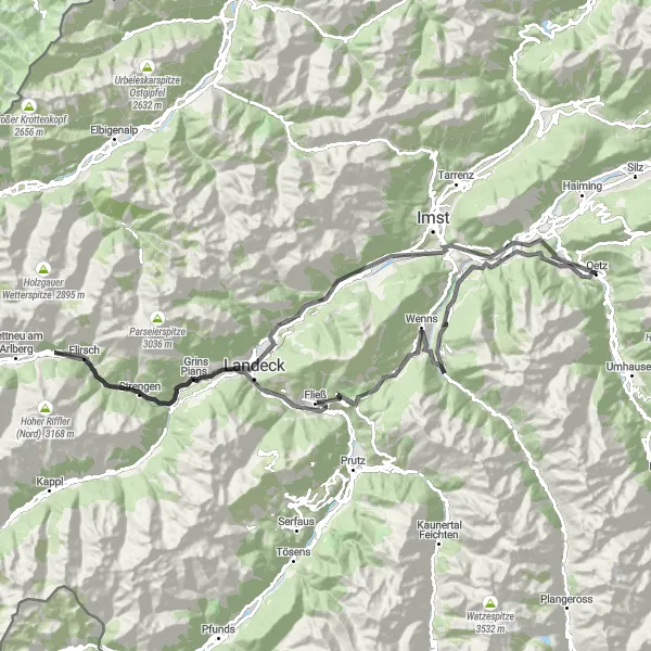 Miniaturekort af cykelinspirationen "Sautens - Pians - Mils bei Imst Loop" i Tirol, Austria. Genereret af Tarmacs.app cykelruteplanlægger