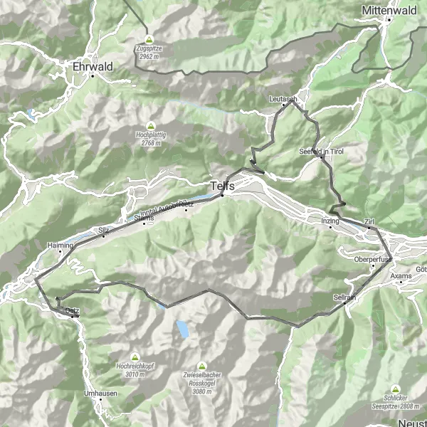 Miniature de la carte de l'inspiration cycliste "Tour panoramique des Alpes tyroliennes" dans la Tirol, Austria. Générée par le planificateur d'itinéraire cycliste Tarmacs.app