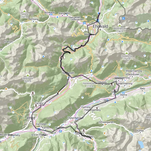 Miniatura della mappa di ispirazione al ciclismo "Giro in bici strada Oetz - Kanzel - Imst - Nassereith - Zugspitzblick - Lermoos - Maria Regina Bank - Holzleiten - Holzleitensattel - Sassberg - Mötz - Ötztal-Bahnhof - Hexenplatte" nella regione di Tirol, Austria. Generata da Tarmacs.app, pianificatore di rotte ciclistiche