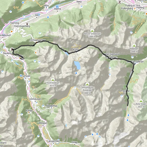 Kartminiatyr av "Utmanande Alpväg genom Tyrolen" cykelinspiration i Tirol, Austria. Genererad av Tarmacs.app cykelruttplanerare