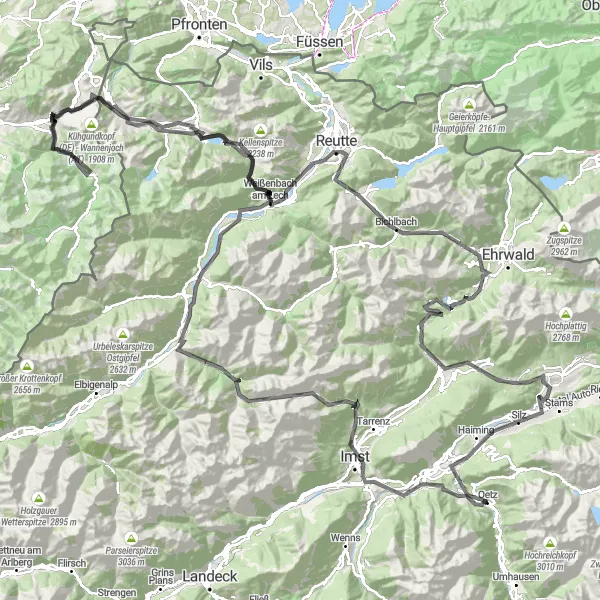 Miniatura della mappa di ispirazione al ciclismo "Giro in bici strada e sterrato Oetz - Sautens - Wetterkreuz - Hahntennjoch - Pfafflar - Elmen - Baichlstein - Weißenbach am Lech - Ölberg - Grän - Aussichtsplattform - Hinterstein - Aussicht Ifenblick - Tannheim - Gaichtpass - Lechaschau - Kohlberg - Lermoos - Nassereith - Holzleitensattel - Sassberg - Schloss Petersberg - Oetz" nella regione di Tirol, Austria. Generata da Tarmacs.app, pianificatore di rotte ciclistiche