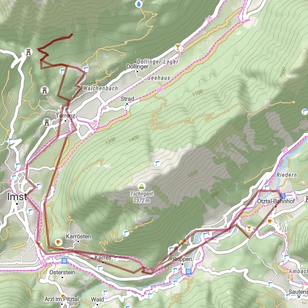 Zemljevid v pomanjšavi "Gravel Route through Tirol Mountains" kolesarske inspiracije v Tirol, Austria. Generirano z načrtovalcem kolesarskih poti Tarmacs.app