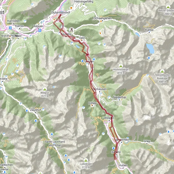 Miniatua del mapa de inspiración ciclista "Explorando el Valle de Ötztal" en Tirol, Austria. Generado por Tarmacs.app planificador de rutas ciclistas