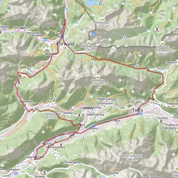 Mapa miniatúra "Trasa Schöne Aussicht a okolie" cyklistická inšpirácia v Tirol, Austria. Vygenerované cyklistickým plánovačom trás Tarmacs.app