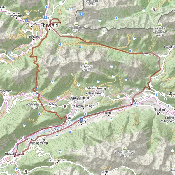 Miniature de la carte de l'inspiration cycliste "Voyage à travers les Alpages Gravel" dans la Tirol, Austria. Générée par le planificateur d'itinéraire cycliste Tarmacs.app