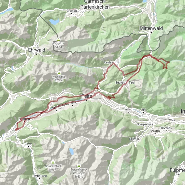 Miniatuurkaart van de fietsinspiratie "Gravelroute over de Alpenweiden en bergtoppen" in Tirol, Austria. Gemaakt door de Tarmacs.app fietsrouteplanner