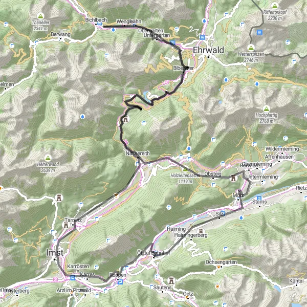 Miniatura della mappa di ispirazione al ciclismo "Avventuroso Giro in Bicicletta per Lermoos e Sassberg" nella regione di Tirol, Austria. Generata da Tarmacs.app, pianificatore di rotte ciclistiche