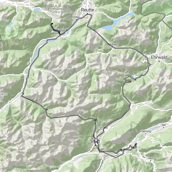 Karttaminiaatyyri "Haastava ja maalauksellinen tie Ötztal-Bahnhofista" pyöräilyinspiraatiosta alueella Tirol, Austria. Luotu Tarmacs.app pyöräilyreittisuunnittelijalla