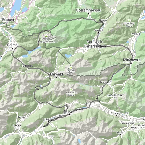 Karttaminiaatyyri "Pyöräilyseikkailu Tirolin lumoavissa maisemissa" pyöräilyinspiraatiosta alueella Tirol, Austria. Luotu Tarmacs.app pyöräilyreittisuunnittelijalla