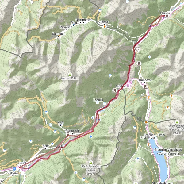 Miniatua del mapa de inspiración ciclista "Ruta de Grava a Través de Tirol desde Pfunds" en Tirol, Austria. Generado por Tarmacs.app planificador de rutas ciclistas
