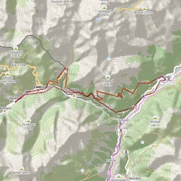 Map miniature of "Scenic Gravel Ride - Pfunds Loop" cycling inspiration in Tirol, Austria. Generated by Tarmacs.app cycling route planner