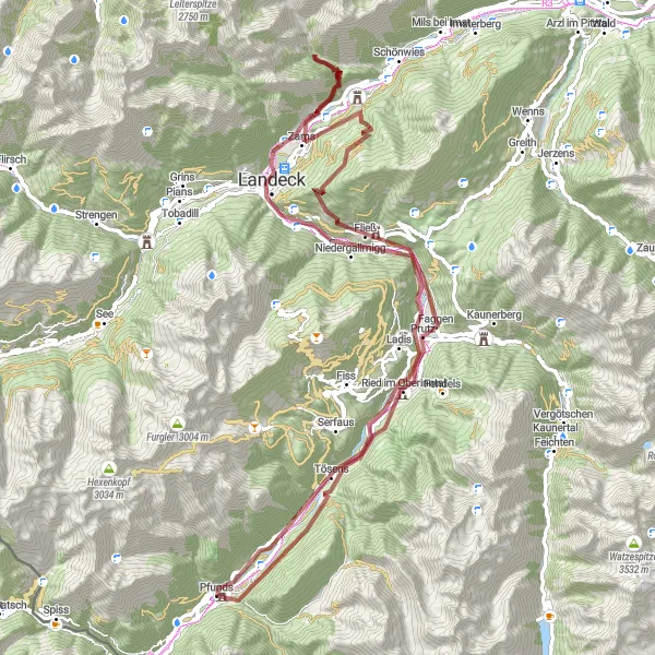 Miniatua del mapa de inspiración ciclista "Aventura por Rote Wand y Spieltennentrum" en Tirol, Austria. Generado por Tarmacs.app planificador de rutas ciclistas