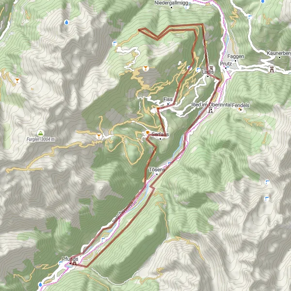 Miniatua del mapa de inspiración ciclista "Aventura Gravel en los Alpes" en Tirol, Austria. Generado por Tarmacs.app planificador de rutas ciclistas