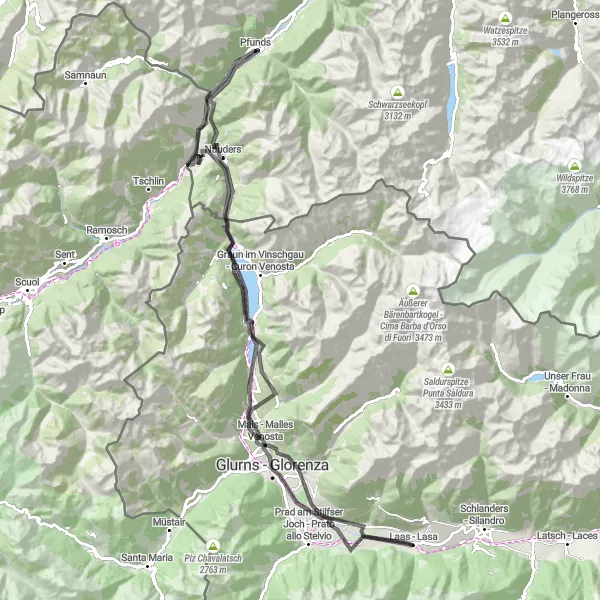 Miniatua del mapa de inspiración ciclista "De Altfinstermünz a Reschen" en Tirol, Austria. Generado por Tarmacs.app planificador de rutas ciclistas