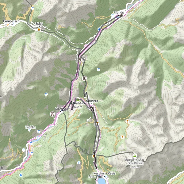 Miniaturekort af cykelinspirationen "Cykeltur fra Pfunds til Reschenpass" i Tirol, Austria. Genereret af Tarmacs.app cykelruteplanlægger