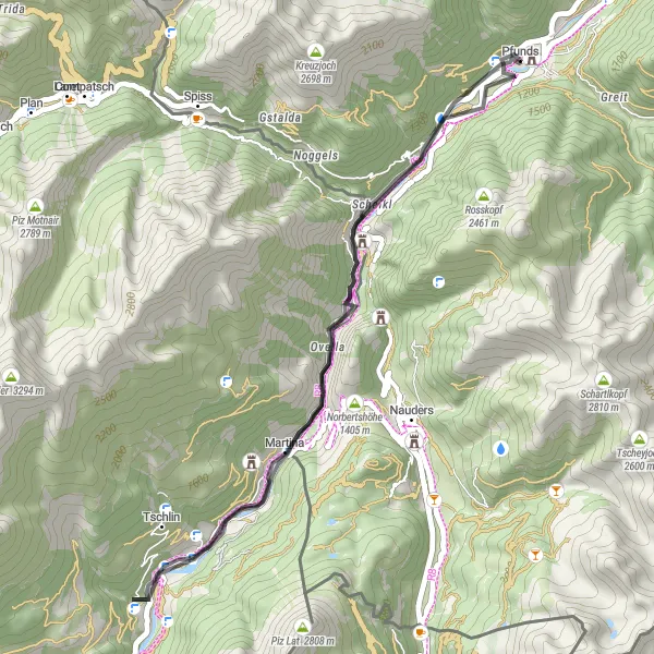 Miniatua del mapa de inspiración ciclista "Ruta de Norbertshöhe a Mini Fundus" en Tirol, Austria. Generado por Tarmacs.app planificador de rutas ciclistas