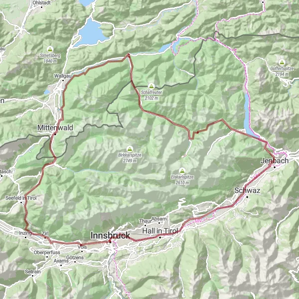 Miniatua del mapa de inspiración ciclista "Ruta de la cordillera de los Alpes en Tirol" en Tirol, Austria. Generado por Tarmacs.app planificador de rutas ciclistas