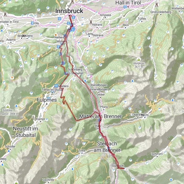 Miniatuurkaart van de fietsinspiratie "Bergavontuur op gravelwegen" in Tirol, Austria. Gemaakt door de Tarmacs.app fietsrouteplanner