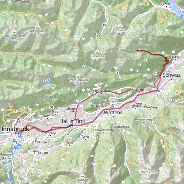 Karttaminiaatyyri "Innsbruck ja ympäristö" pyöräilyinspiraatiosta alueella Tirol, Austria. Luotu Tarmacs.app pyöräilyreittisuunnittelijalla