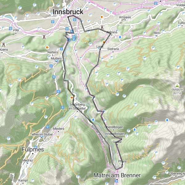 Miniatuurkaart van de fietsinspiratie "Wegroute langs Lanser Kopf en Matrei am Brenner" in Tirol, Austria. Gemaakt door de Tarmacs.app fietsrouteplanner