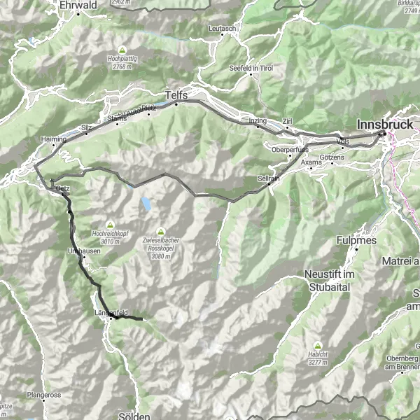 Map miniature of "Innsbruck Köfele Round Trip" cycling inspiration in Tirol, Austria. Generated by Tarmacs.app cycling route planner