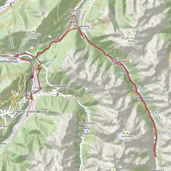Map miniature of "Prutz to Burg Laudegg Gravel Loop" cycling inspiration in Tirol, Austria. Generated by Tarmacs.app cycling route planner
