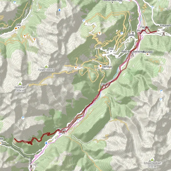 Miniatura della mappa di ispirazione al ciclismo "Percorso in bicicletta tutto-terreno da Prutz" nella regione di Tirol, Austria. Generata da Tarmacs.app, pianificatore di rotte ciclistiche