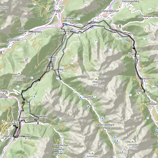 Miniaturekort af cykelinspirationen "Prutz til Ried im Oberinntal Cykelrute" i Tirol, Austria. Genereret af Tarmacs.app cykelruteplanlægger