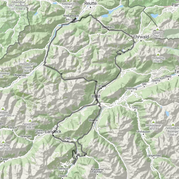 Kartminiatyr av "Prutz til Hahntennjoch og tilbake" sykkelinspirasjon i Tirol, Austria. Generert av Tarmacs.app sykkelrutoplanlegger